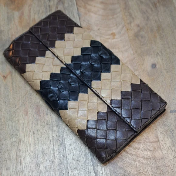 Bottega Veneta Intreccaito Black Brown and Tan Woven Wallet Clutch